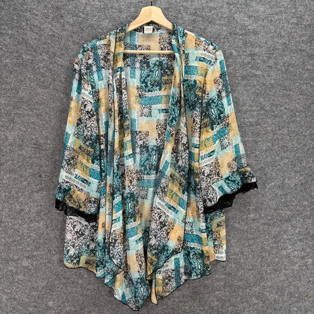 Salon Studio Top Women 2X Plus Blue Geometric Open Front 3/4 Sleeve Casual